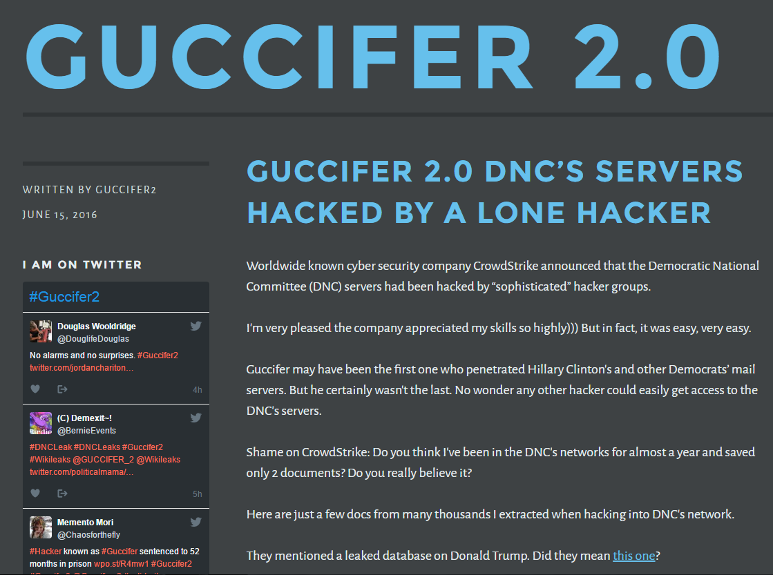 Figure 4. Guccifer 2.0’s website claiming responsibility for the compromise of the DNC’s network. (Source: SecureWorks)